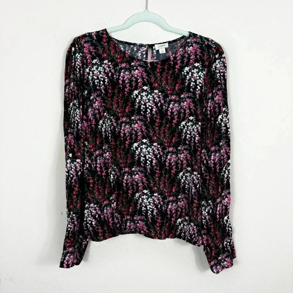J. Crew floral long sleeve blouse black purple lightweight sz Large